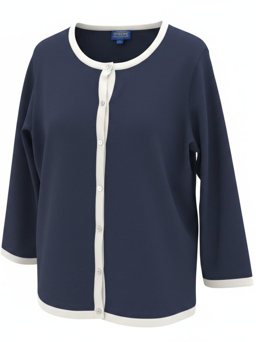 Pendleton Silk Blend Navy Cardigan Ivory Tipping 3/4 Sleeve Button Front Large